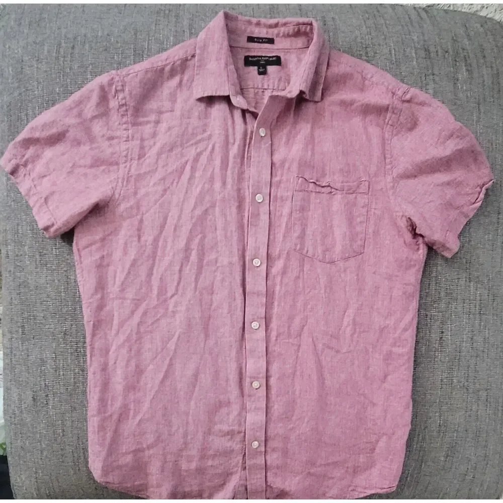 Banana Republic Men's Red Short Sleeve Linen Slim Fit Button Up Shirt Size Large